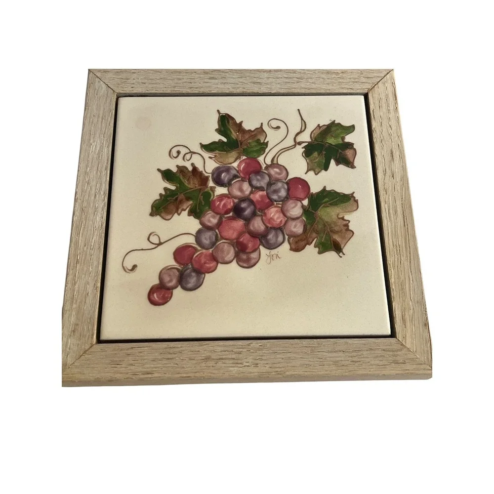 Jori Hand Painted Grape Ceramic Art Tile in Oak Wood Frame Empty Nest 7.25